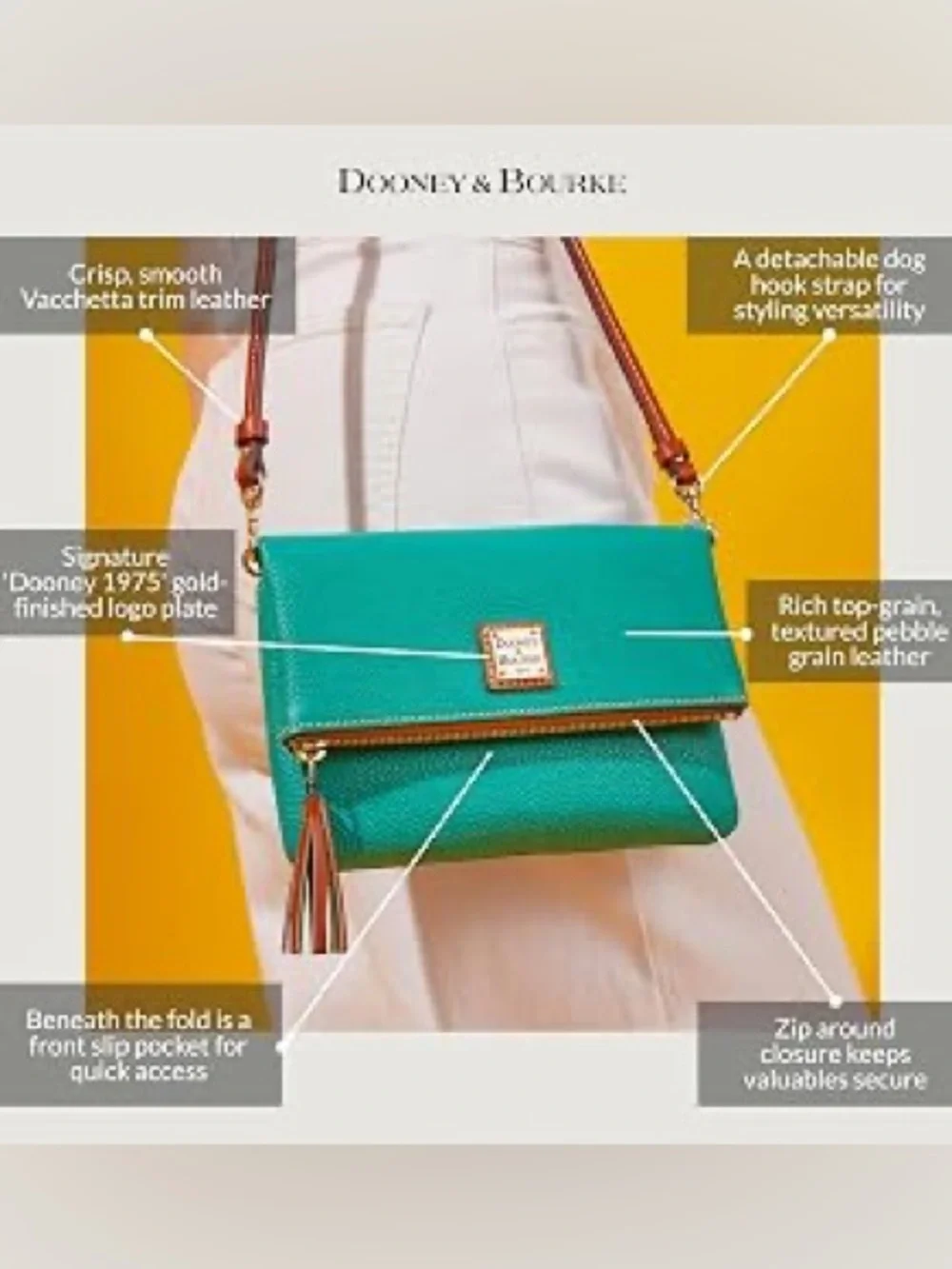 NWT Dooney & Bourke Florentine Foldover Zip Crossbody Bag in Kelly Green NWT